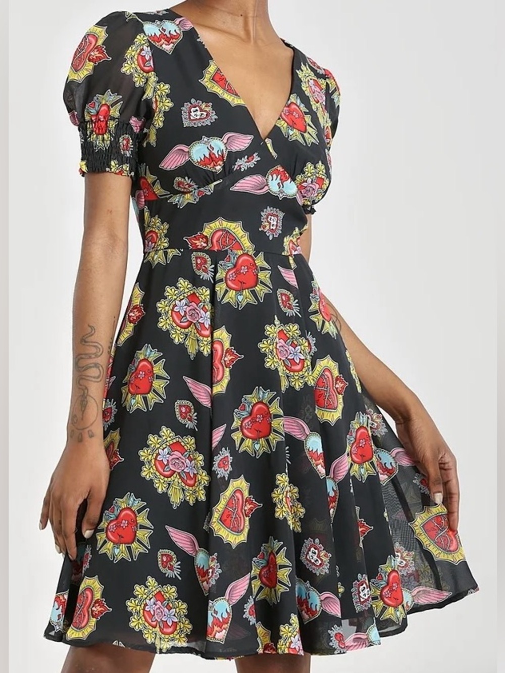 Hell Bunny Amias Heart Print Retro Vintage Style Mid Dress Black M